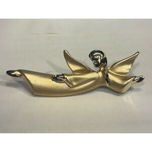 Vintage Giusti Gold T Angel Brooch Pin Flying Banner Religious Charm Christmas